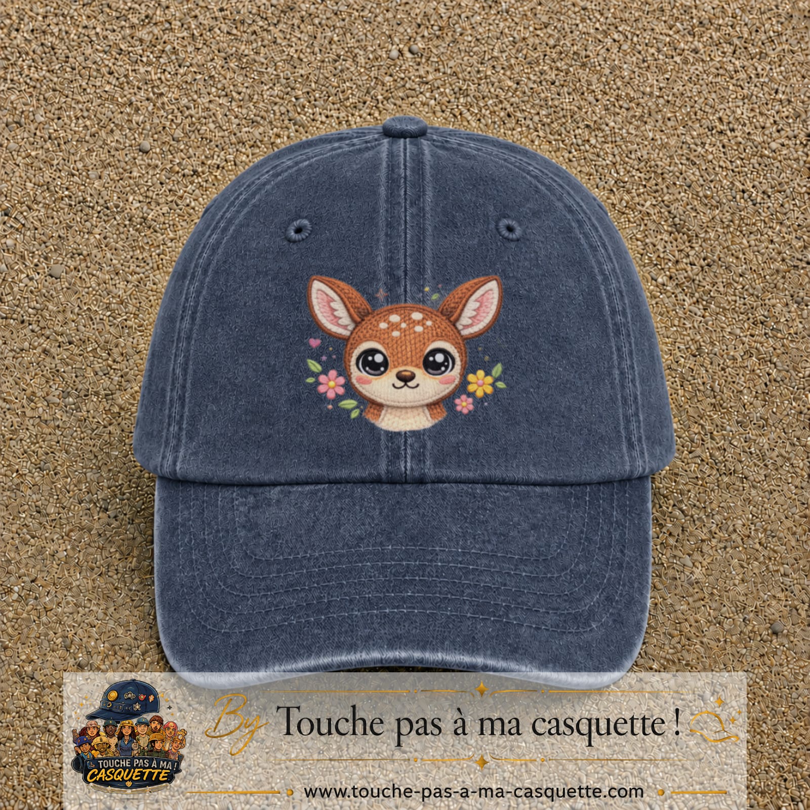 Image principale produit98grosBM - casquette Bleu marine délavé avec visuel Faon fleuri 7 cm
