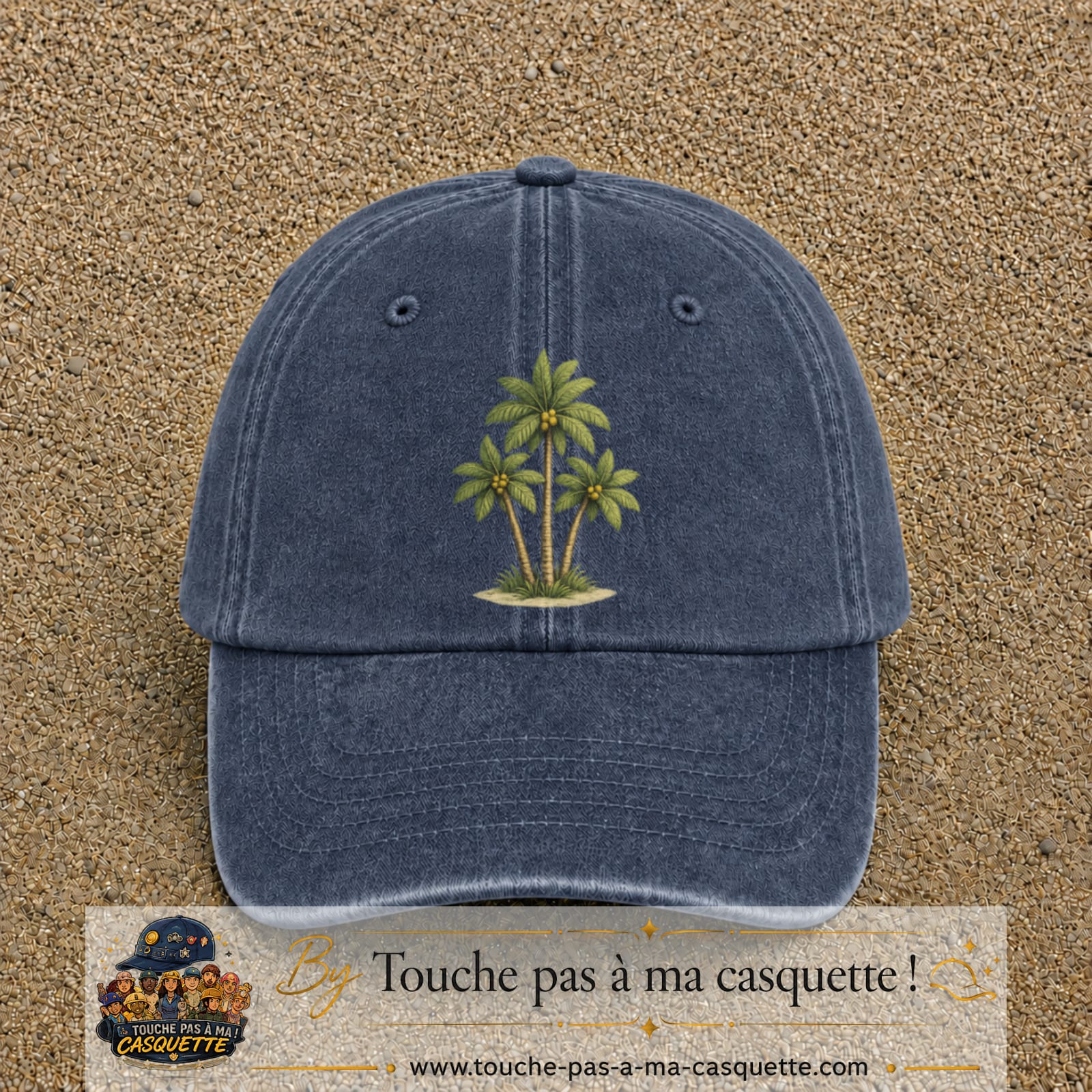 Image principale produit55grosBM - casquette Bleu marine délavé avec visuel Palmiers 7 cm