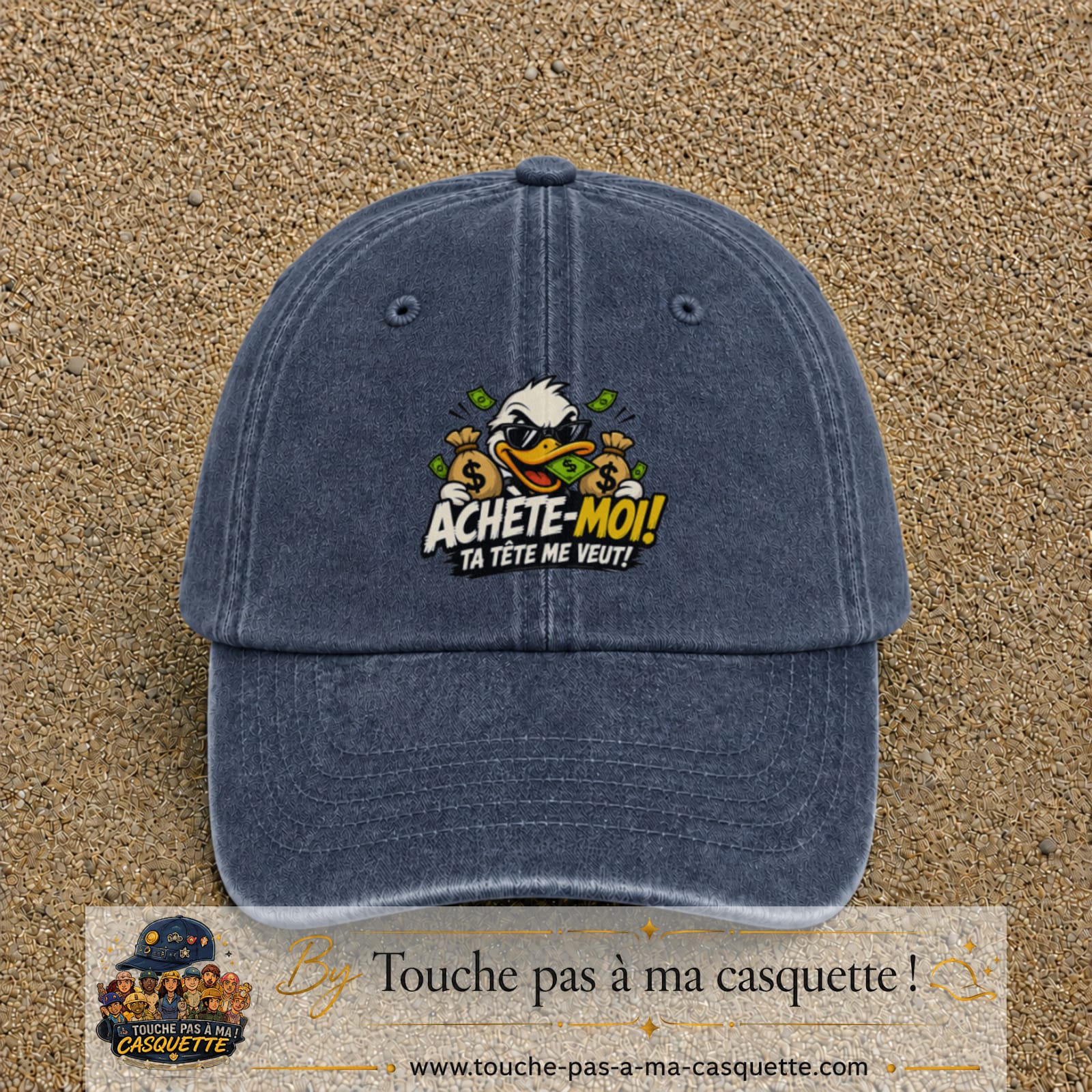 Image principale produit124grosBM - casquette Bleu marine délavé avec visuel Canard argent 7 cm