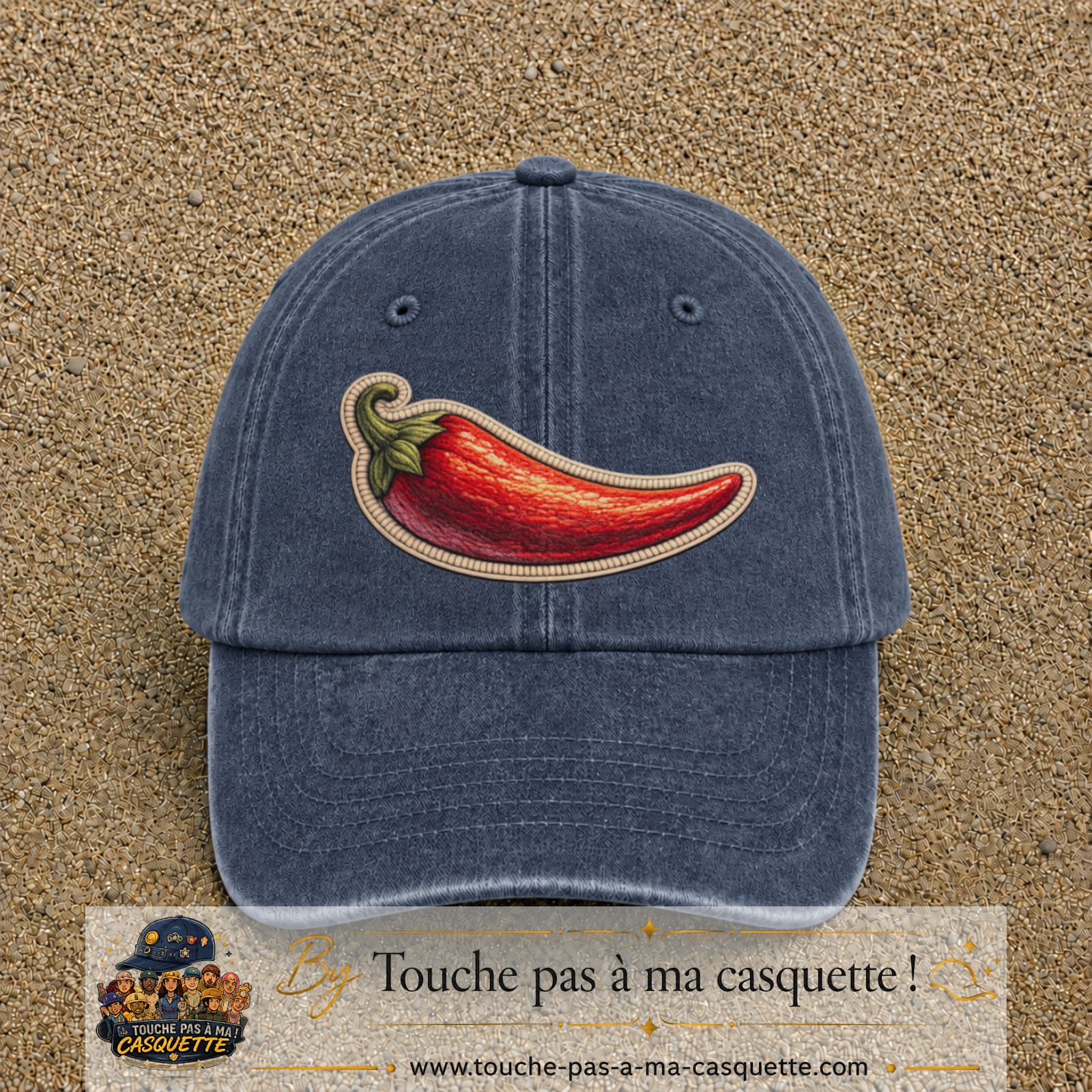 Image principale produit198grosBM - casquette Bleu marine délavé avec visuel Piment 7 cm