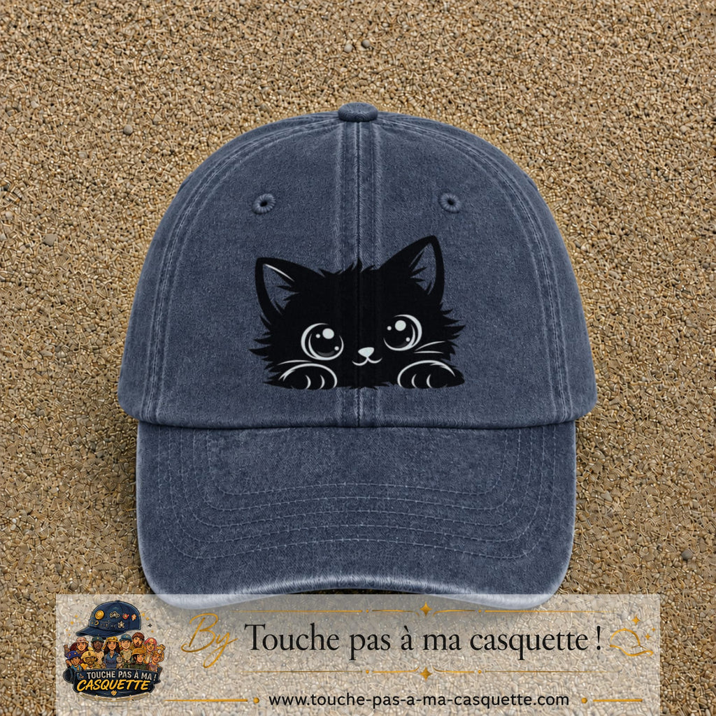 Image principale produit6grosBM - casquette Bleu marine délavé avec visuel Chat noir adorable 7 cm
