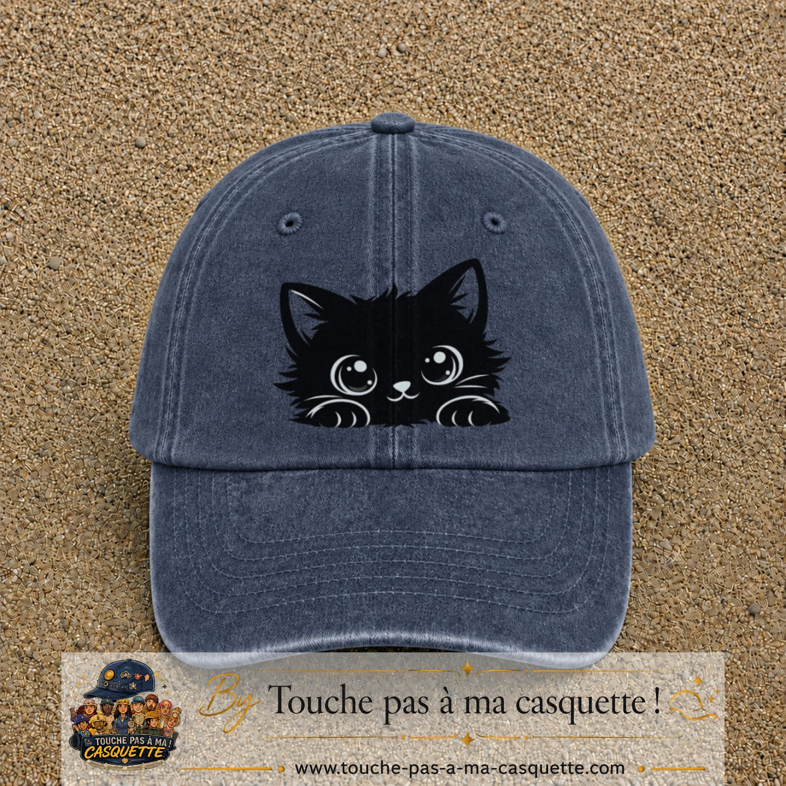 Image principale produit6grosBM - casquette Bleu marine délavé avec visuel Chat noir adorable 7 cm