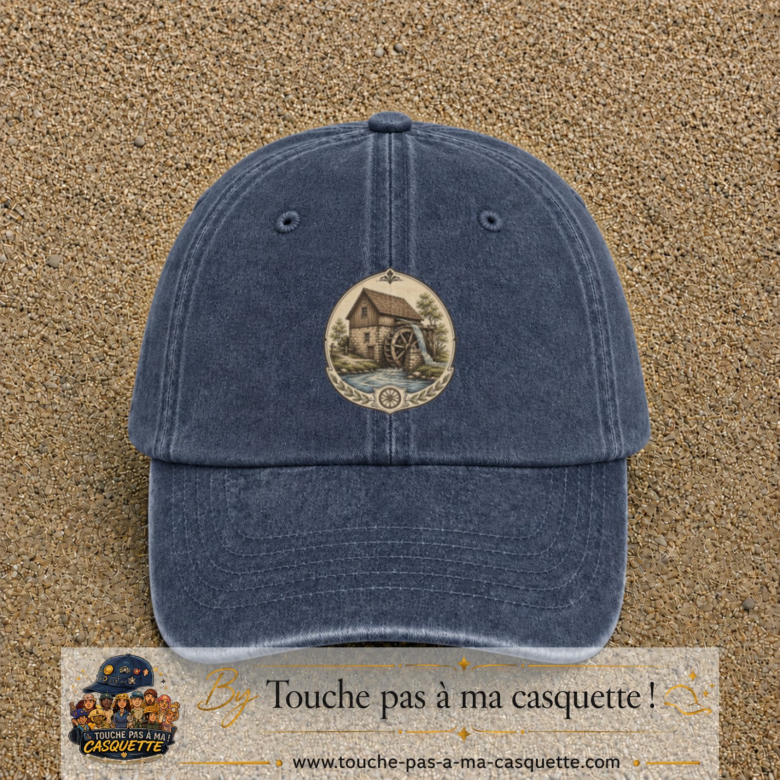 Casquette baseball Bleu marine délavé 100% coton avec visuel Moulin à eau vintage 7 cm - image produit principale