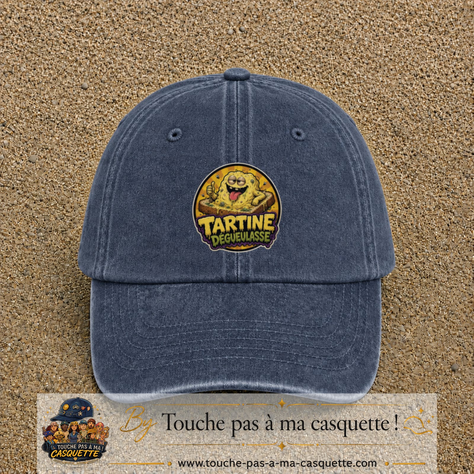 Casquette baseball Bleu marine délavé 100% coton avec visuel Tartine dégueulasse 7 cm - image produit principale