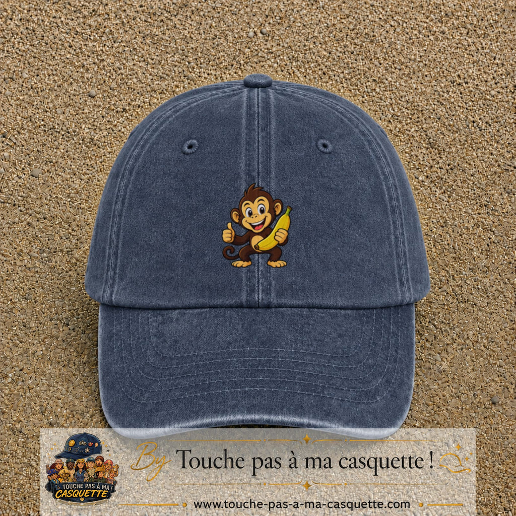 Casquette baseball Bleu marine délavé 100% coton avec motif Singe à la banane 5 cm - image principale