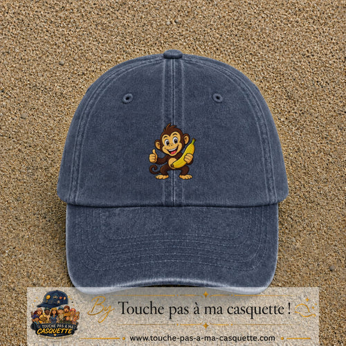 Casquette baseball Bleu marine délavé 100% coton avec motif Singe à la banane 5 cm - image principale