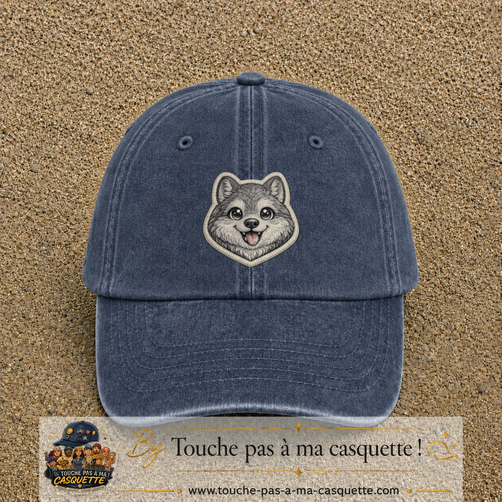 Casquette Bleu marine délavé motif Husky joyeux 7 cm - vue principale