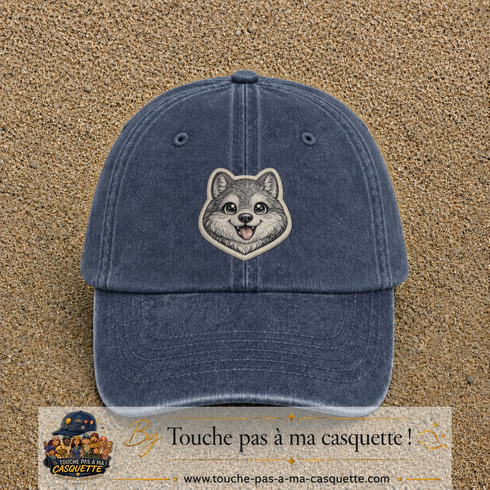 Casquette Bleu marine délavé motif Husky joyeux 7 cm - vue principale