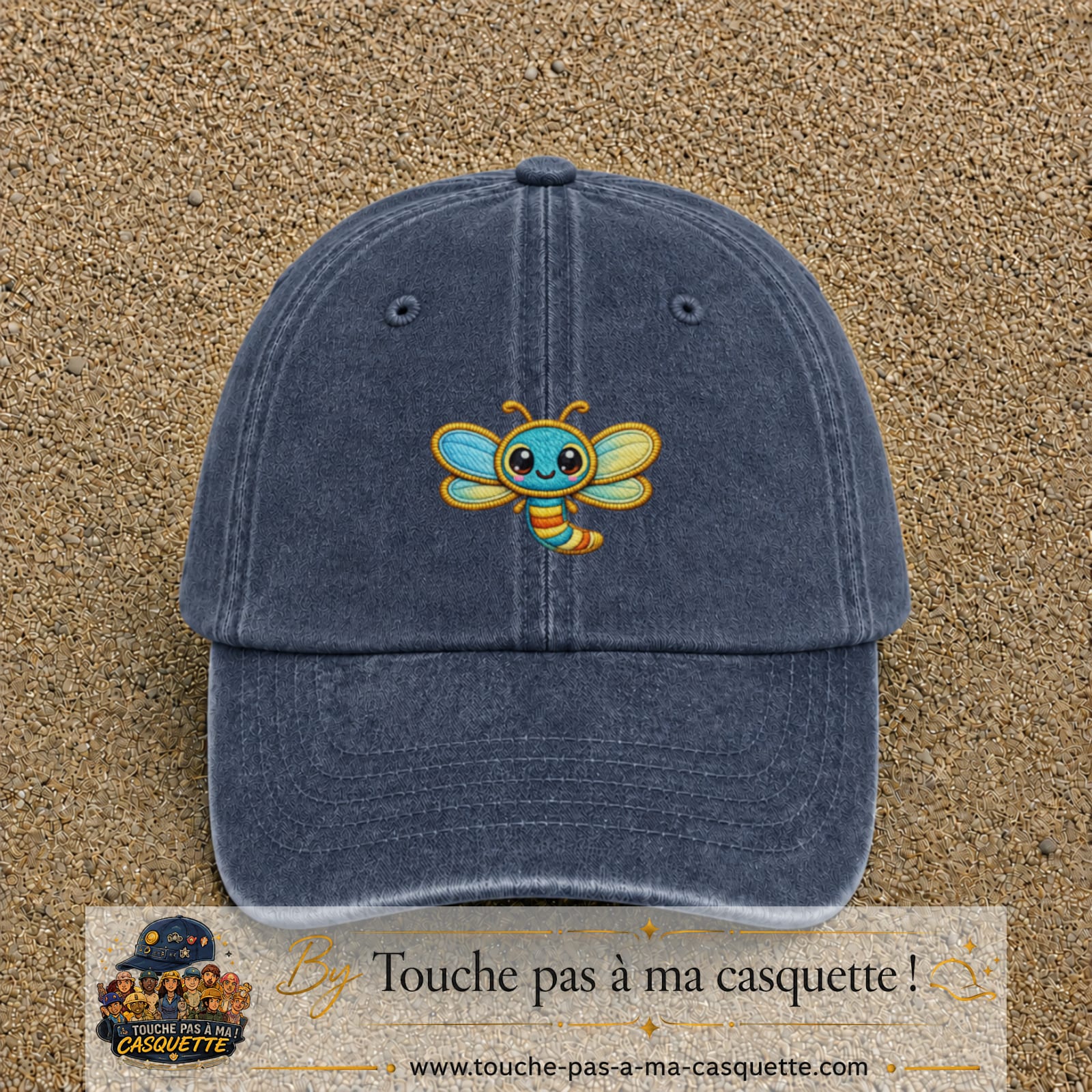 Casquette Bleu marine délavé motif Libellule multicolore 5 cm - vue principale