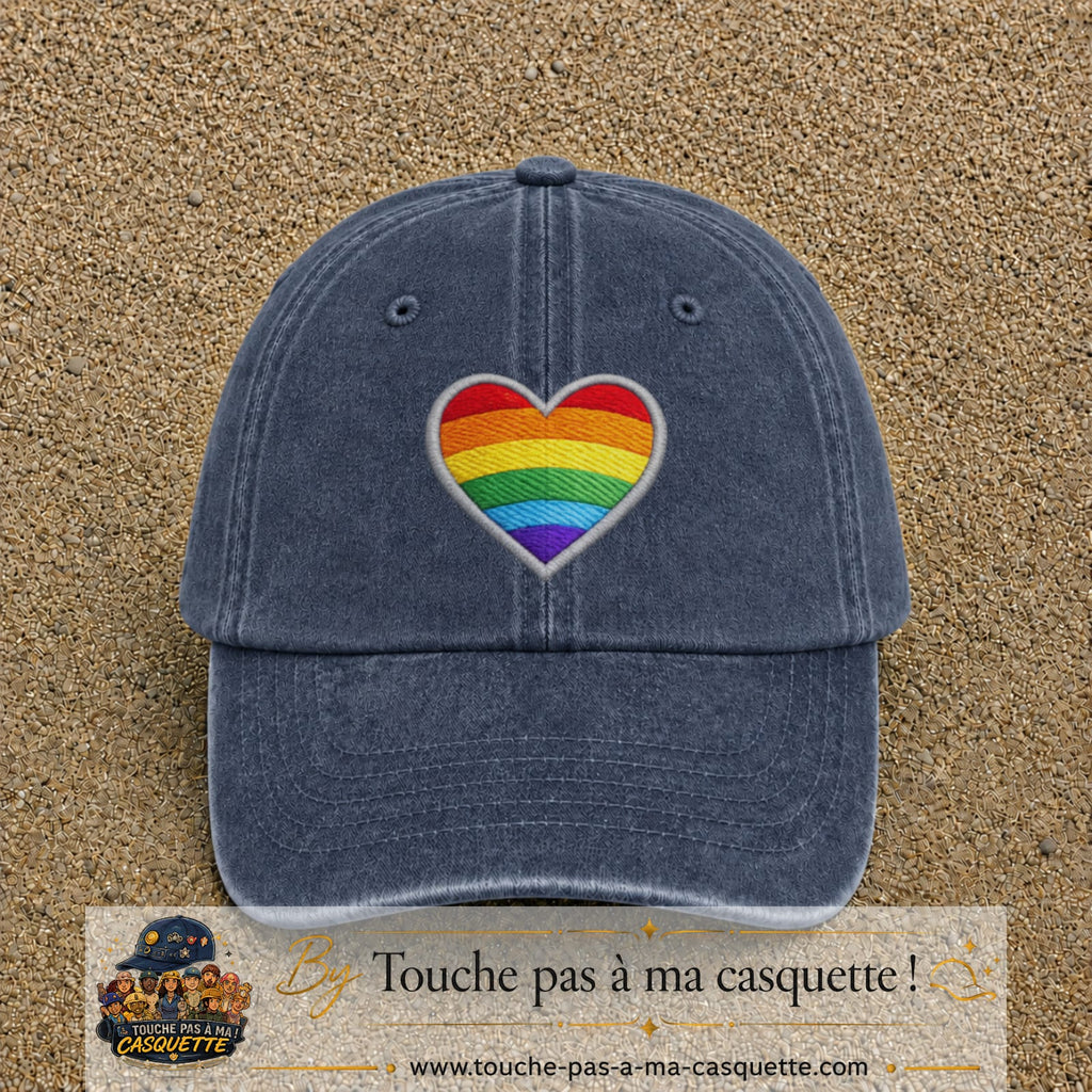 Casquette baseball Bleu marine délavé 100% coton avec visuel Cœur arc-en-ciel 7 cm - image produit principale