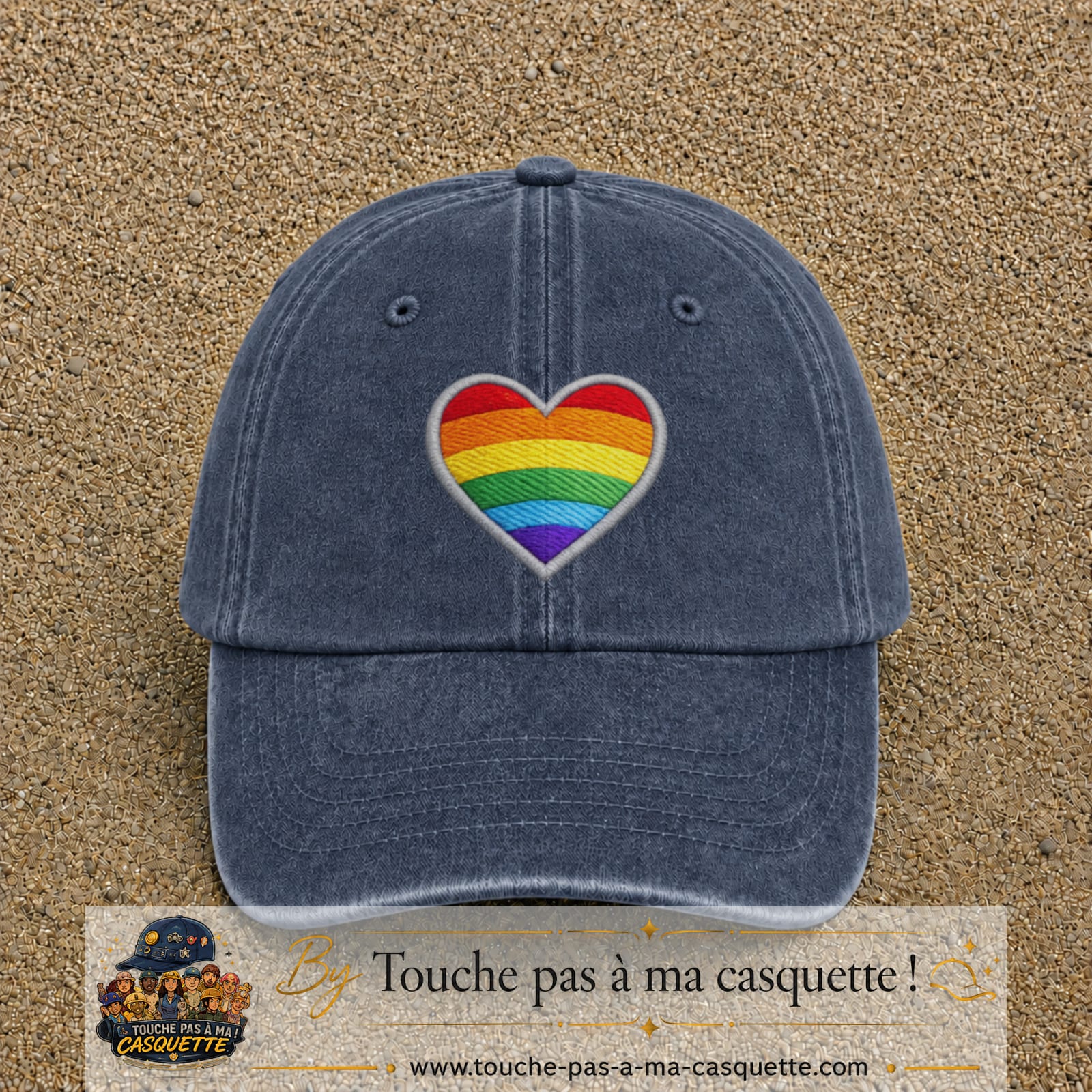 Casquette baseball Bleu marine délavé 100% coton avec visuel Cœur arc-en-ciel 7 cm - image produit principale