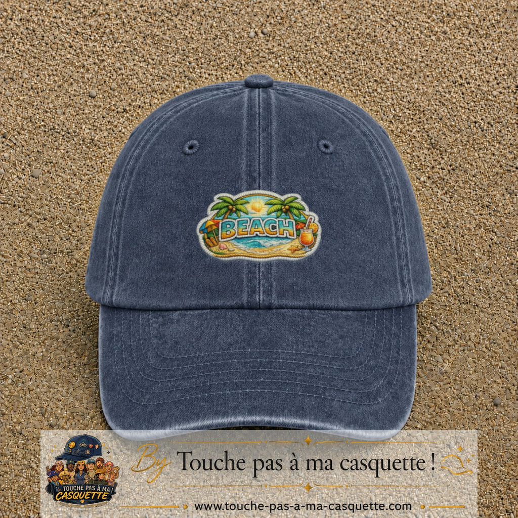 Casquette Bleu marine délavé motif Plage tropicale Beach 5 cm - vue principale