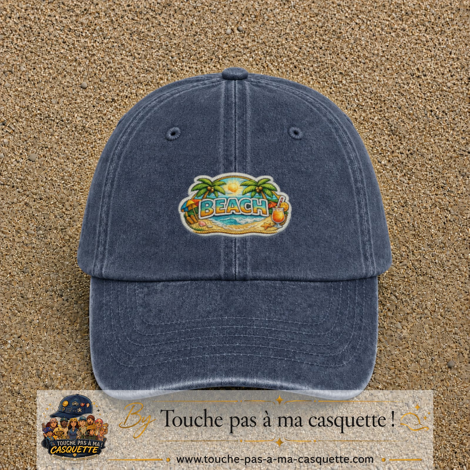 Casquette Bleu marine délavé motif Plage tropicale Beach 5 cm - vue principale