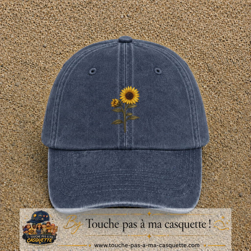 Casquette baseball Bleu marine délavé 100% coton avec visuel Tournesol 7 cm - image produit principale