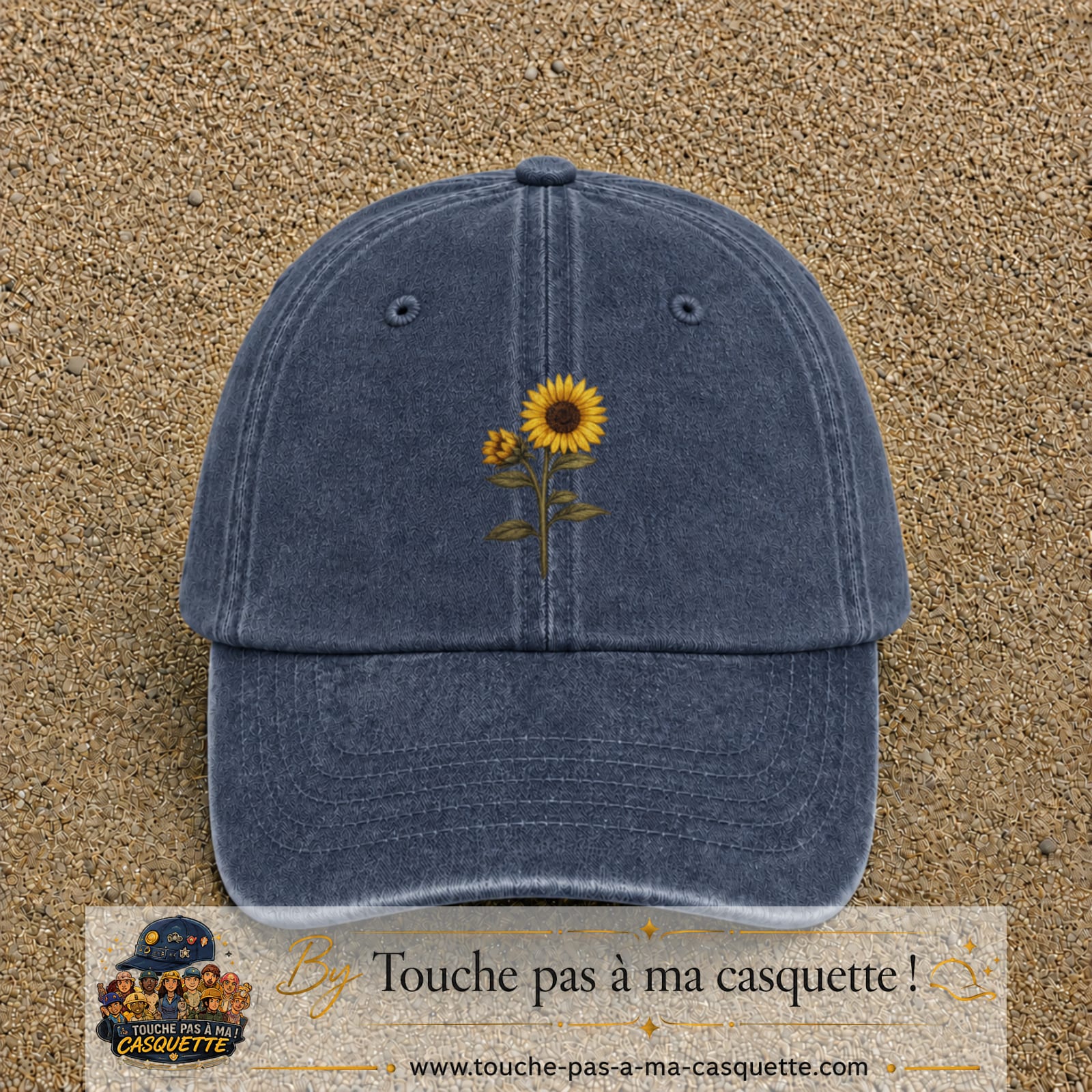 Casquette baseball Bleu marine délavé 100% coton avec visuel Tournesol 7 cm - image produit principale