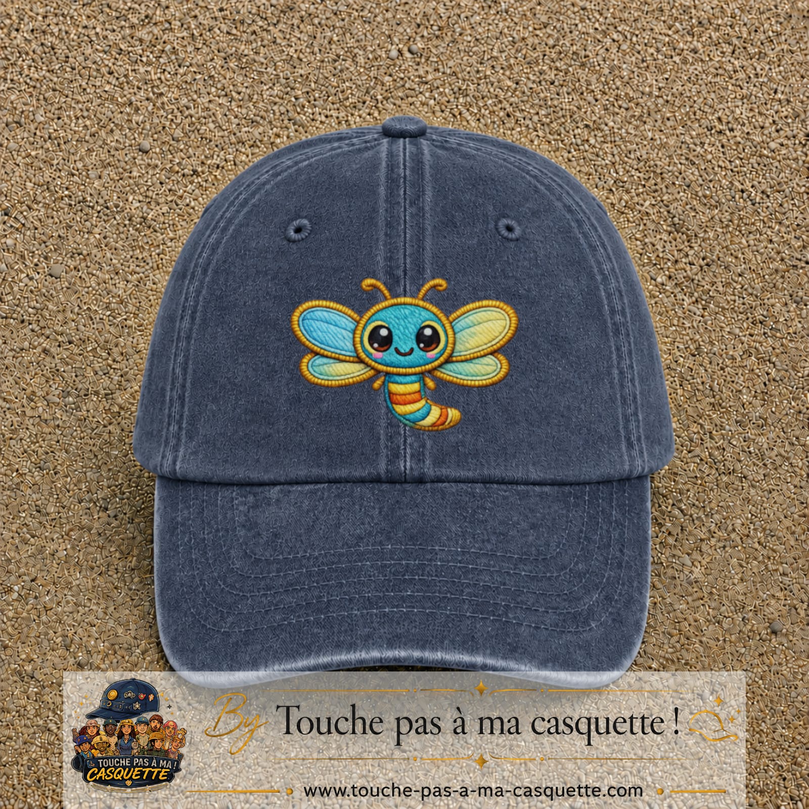 Casquette Bleu marine délavé motif Libellule multicolore 7 cm - vue principale