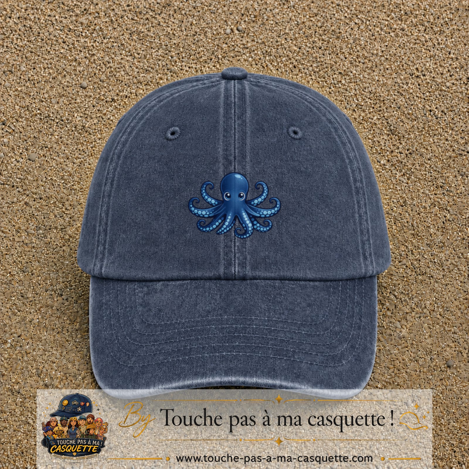 Casquette baseball Bleu marine délavé 100% coton avec visuel Pieuvre bleue 5 cm - image produit principale