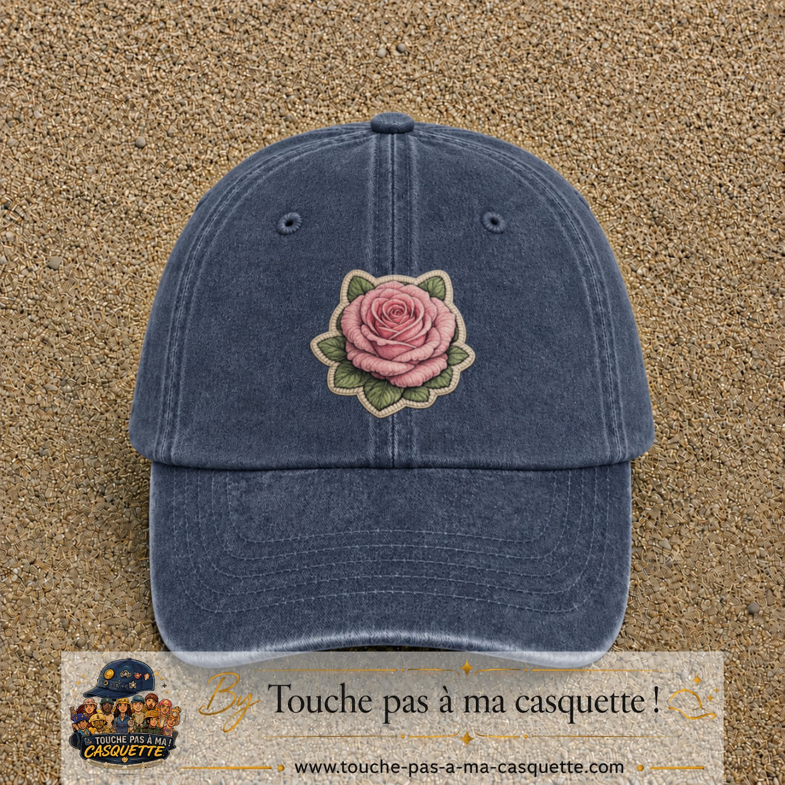 Casquette Bleu marine délavé motif Rose tendre 7 cm - vue principale