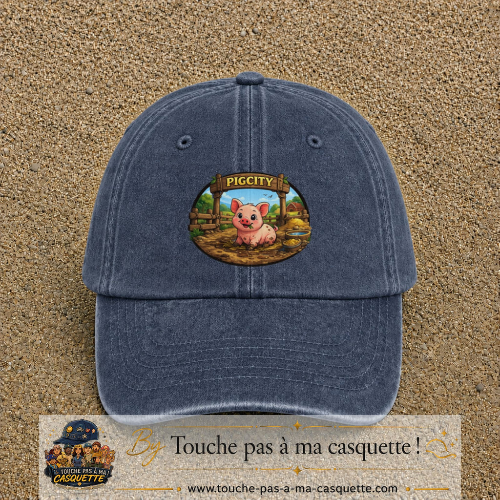 Casquette baseball Bleu marine délavé 100% coton avec visuel Pigcity cochon 7 cm - image produit principale