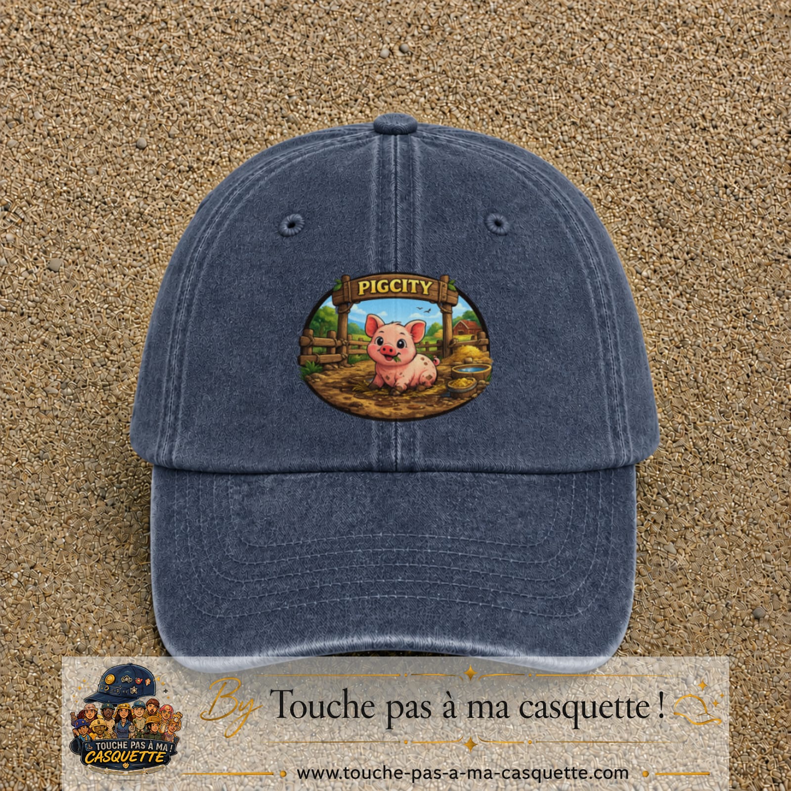 Casquette baseball Bleu marine délavé 100% coton avec visuel Pigcity cochon 7 cm - image produit principale