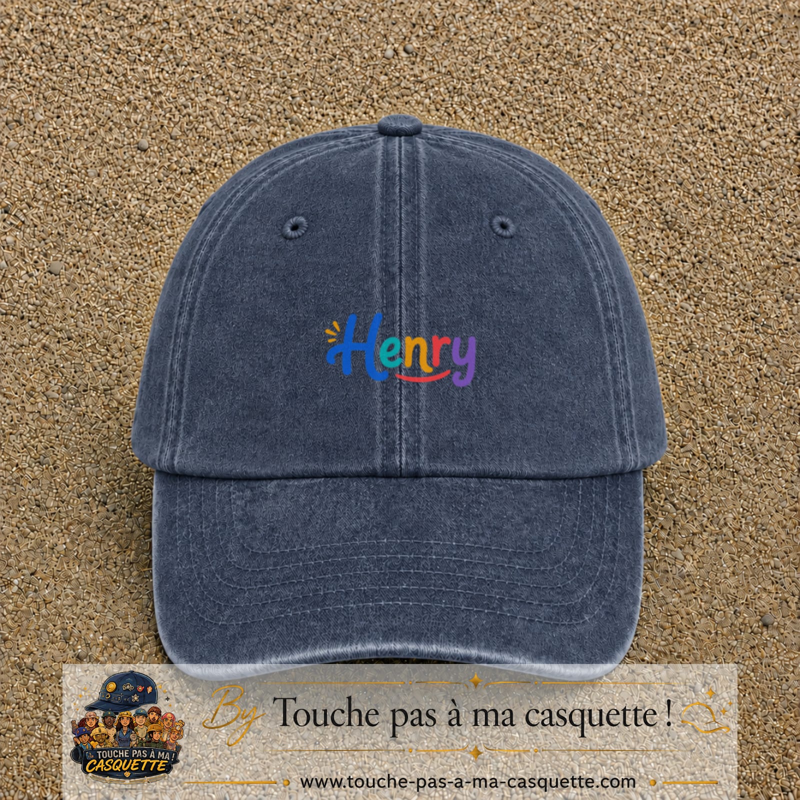 Casquette baseball Bleu marine délavé 100% coton avec visuel Prénom Henry coloré 3 cm - image produit principale