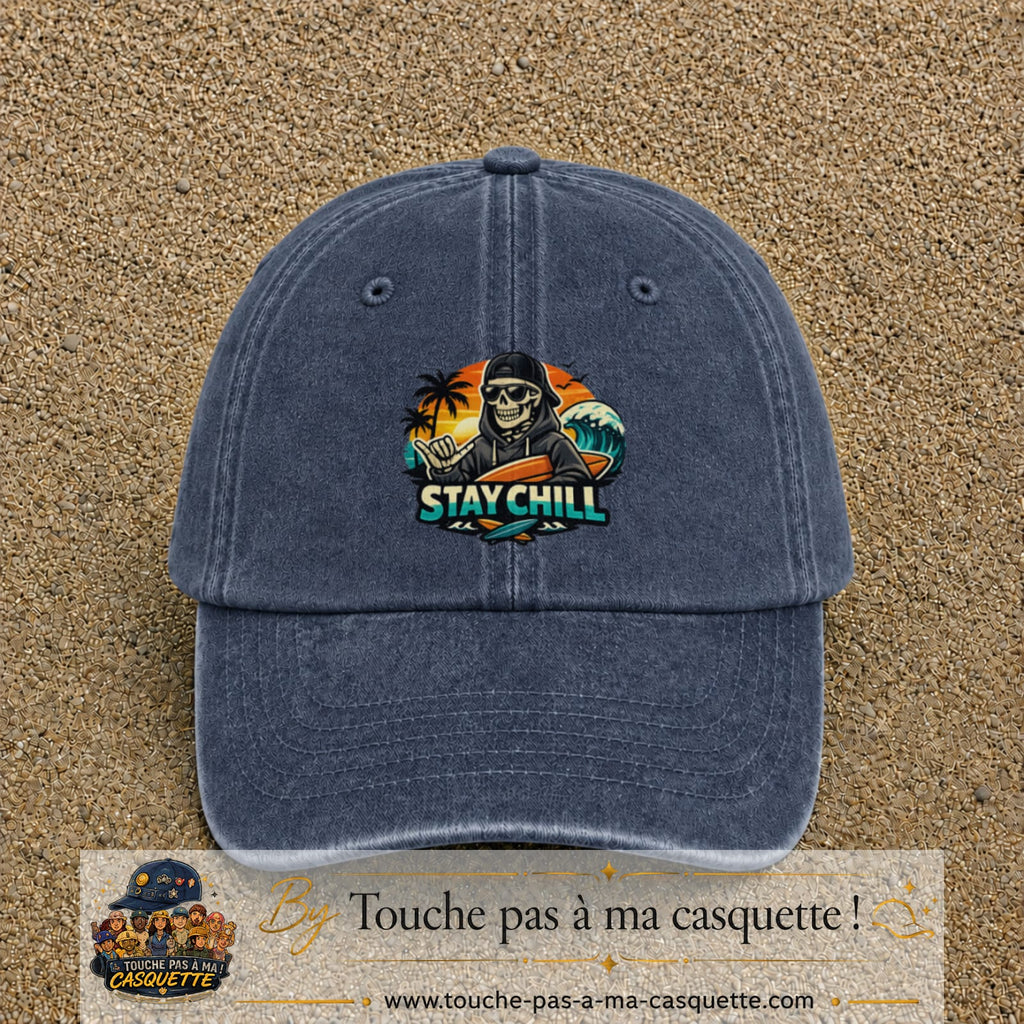 Casquette Bleu marine délavé 100% coton avec motif Stay Chill squelette plage 7 cm - image principale