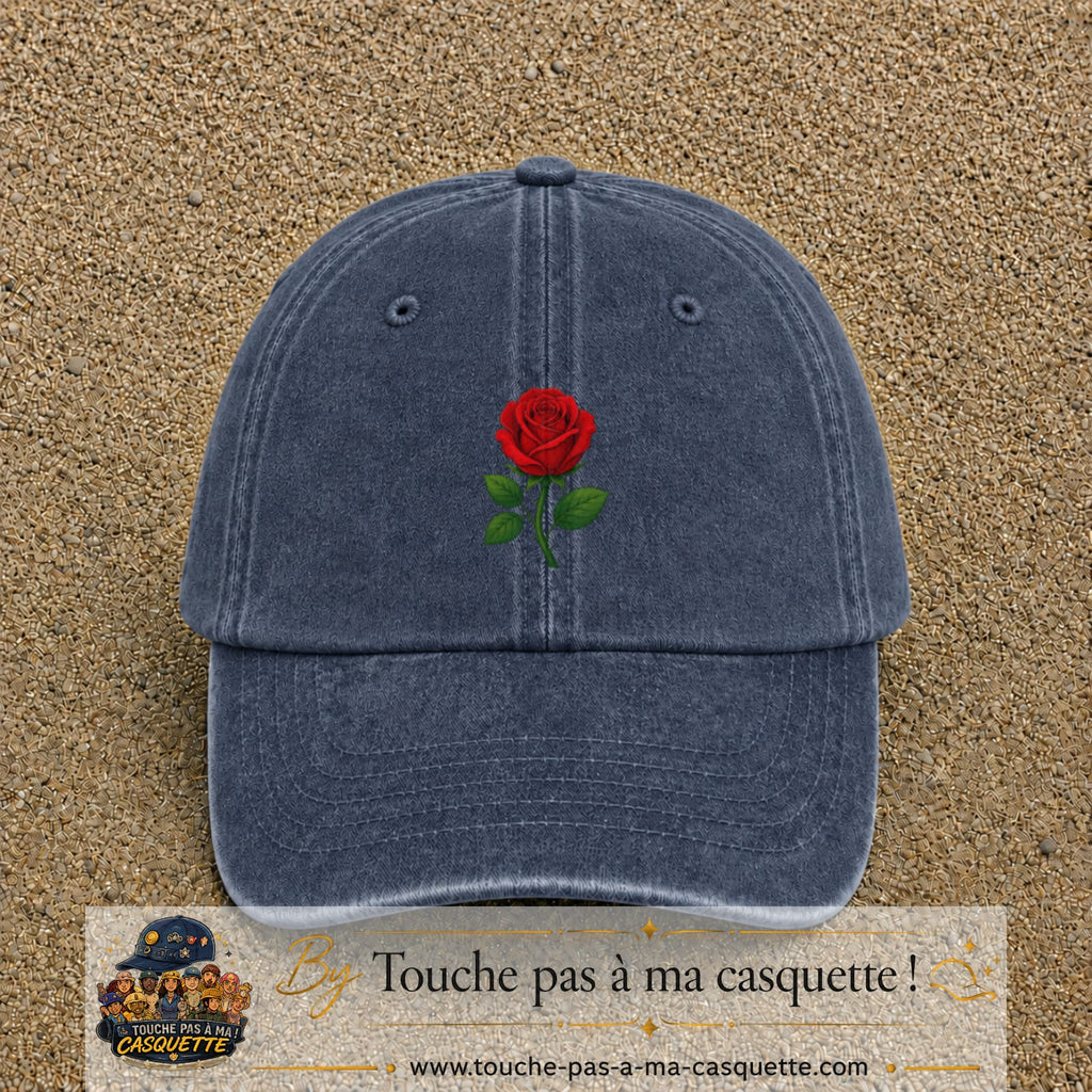 Casquette baseball Bleu marine délavé 100% coton avec motif Fleur de rose 5 cm - image principale