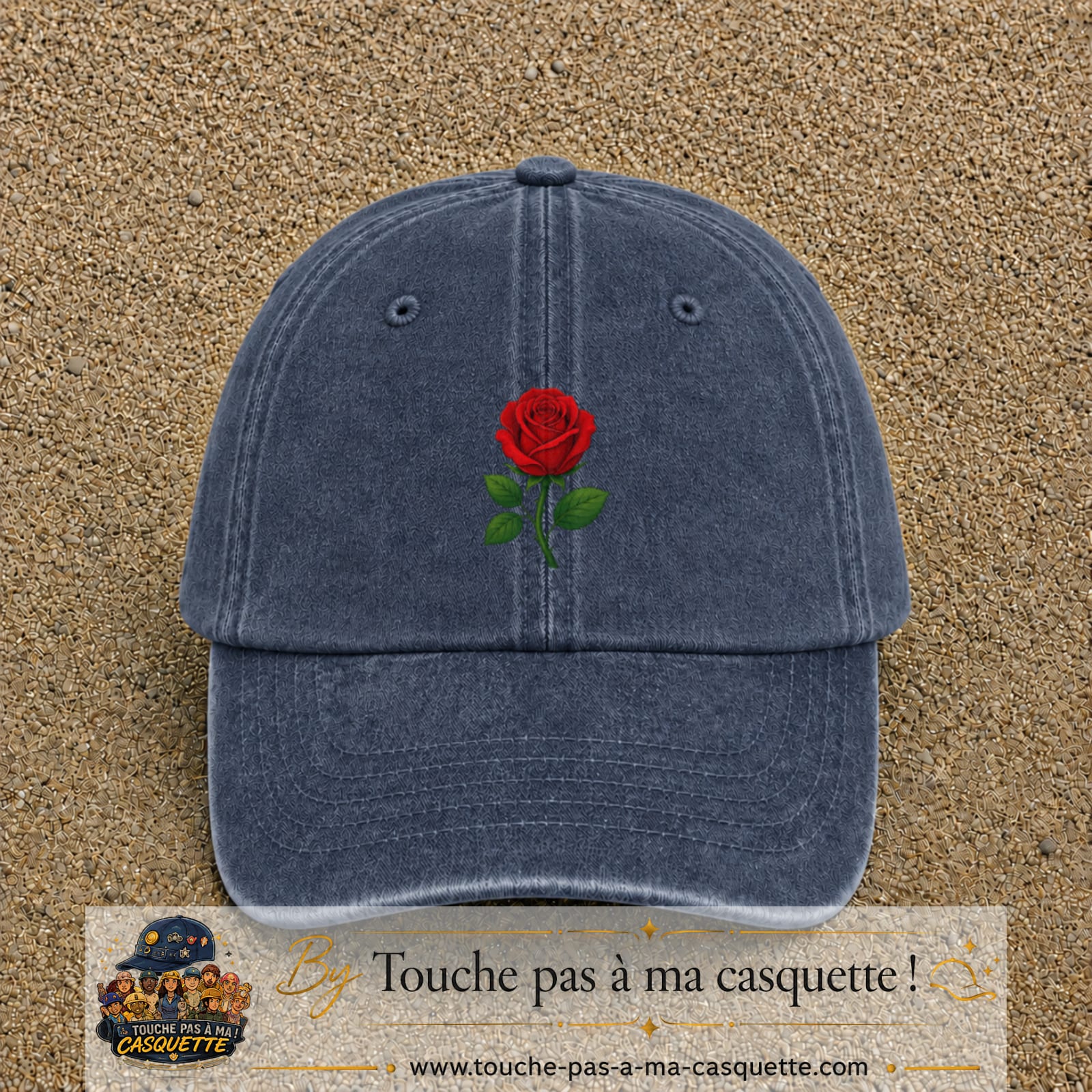 Casquette baseball Bleu marine délavé 100% coton avec motif Fleur de rose 5 cm - image principale