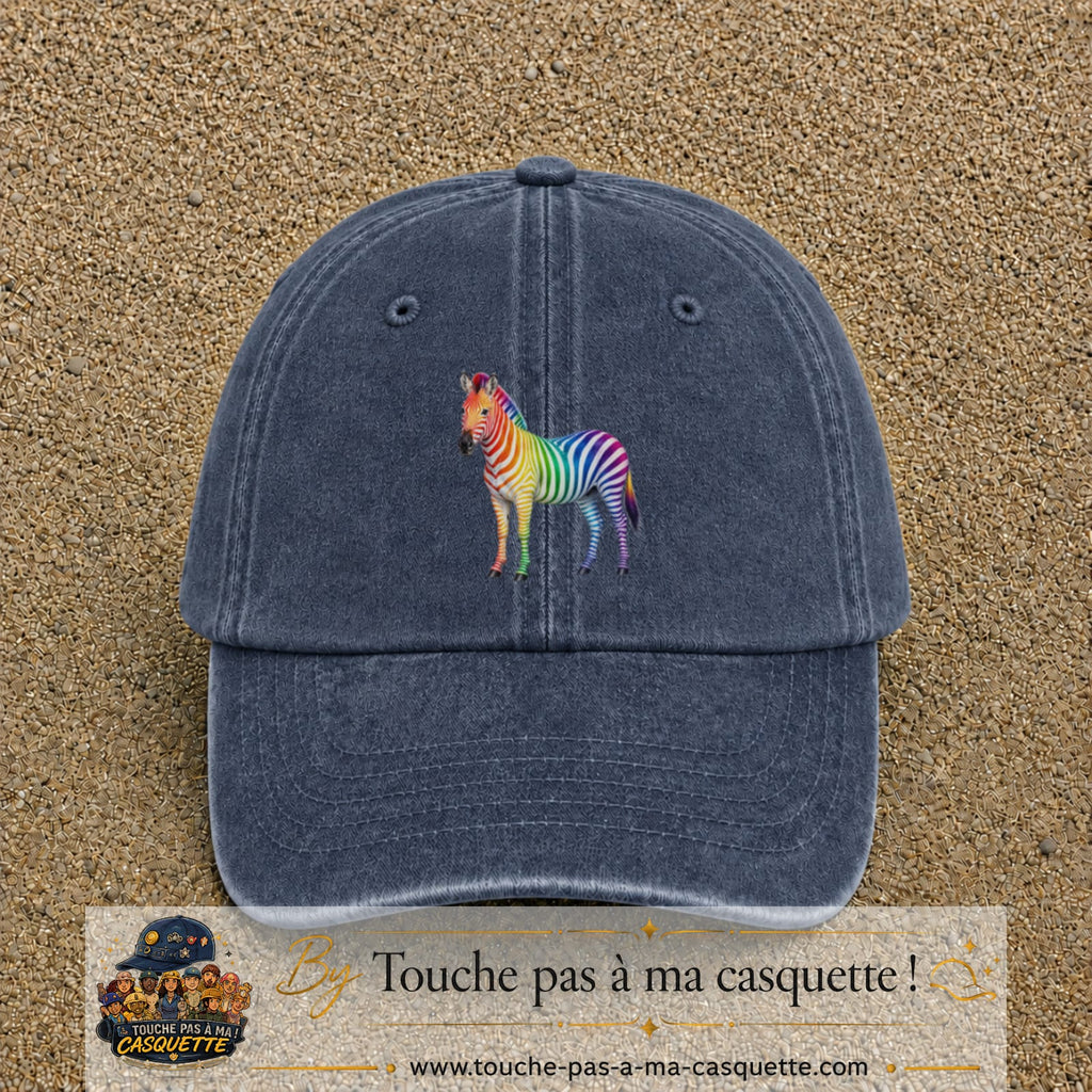 Casquette Bleu marine délavé 100% coton avec motif Zèbre arc-en-ciel 7 cm - image principale
