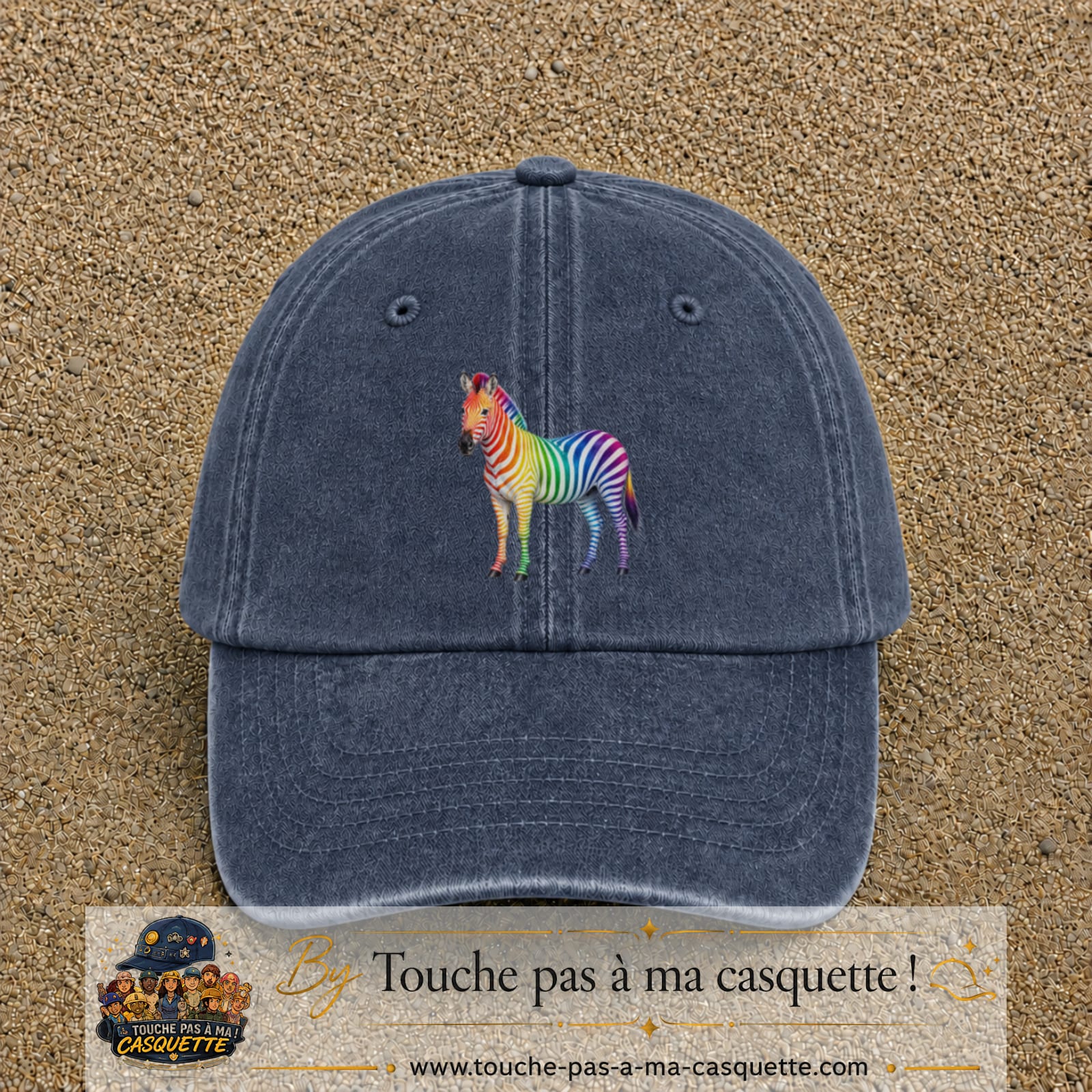 Casquette Bleu marine délavé 100% coton avec motif Zèbre arc-en-ciel 7 cm - image principale
