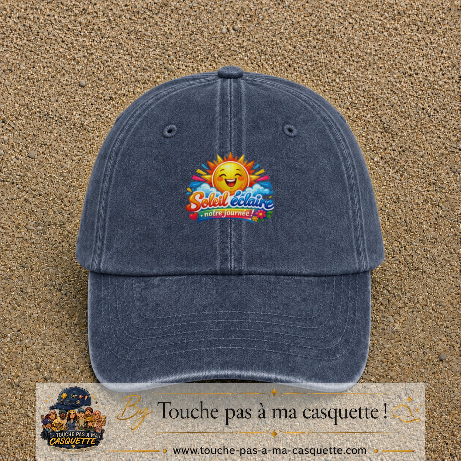 Casquette baseball Bleu marine délavé 100% coton avec motif Soleil éclaire notre journée 7 cm - image principale