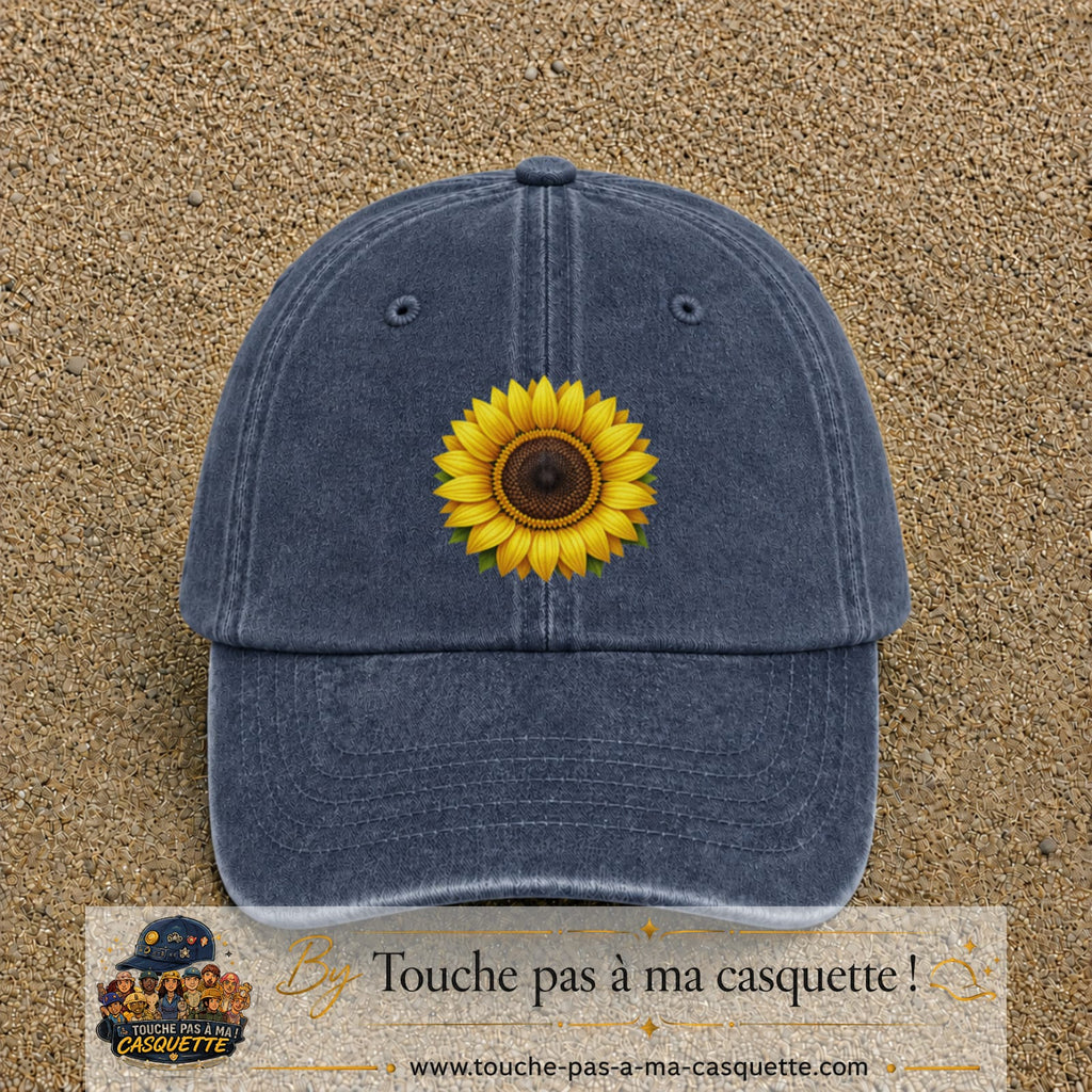 Casquette Bleu marine délavé motif Tournesol éclatant 7 cm - vue principale