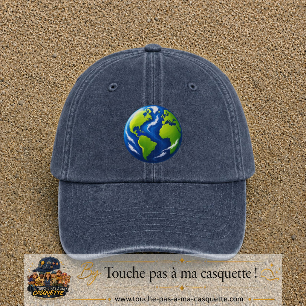 Casquette baseball Bleu marine délavé 100% coton avec visuel Planète Terre cartoon 7 cm - image produit principale