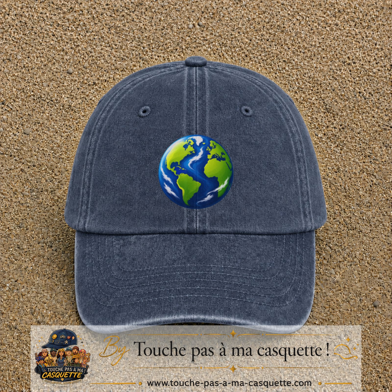 Casquette baseball Bleu marine délavé 100% coton avec visuel Planète Terre cartoon 7 cm - image produit principale