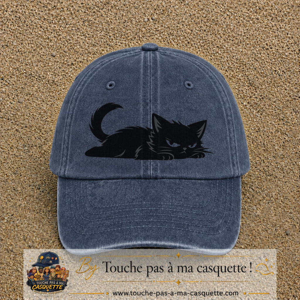 Casquette baseball Bleu marine délavé 100% coton avec visuel Chat noir couché 7 cm - image produit principale