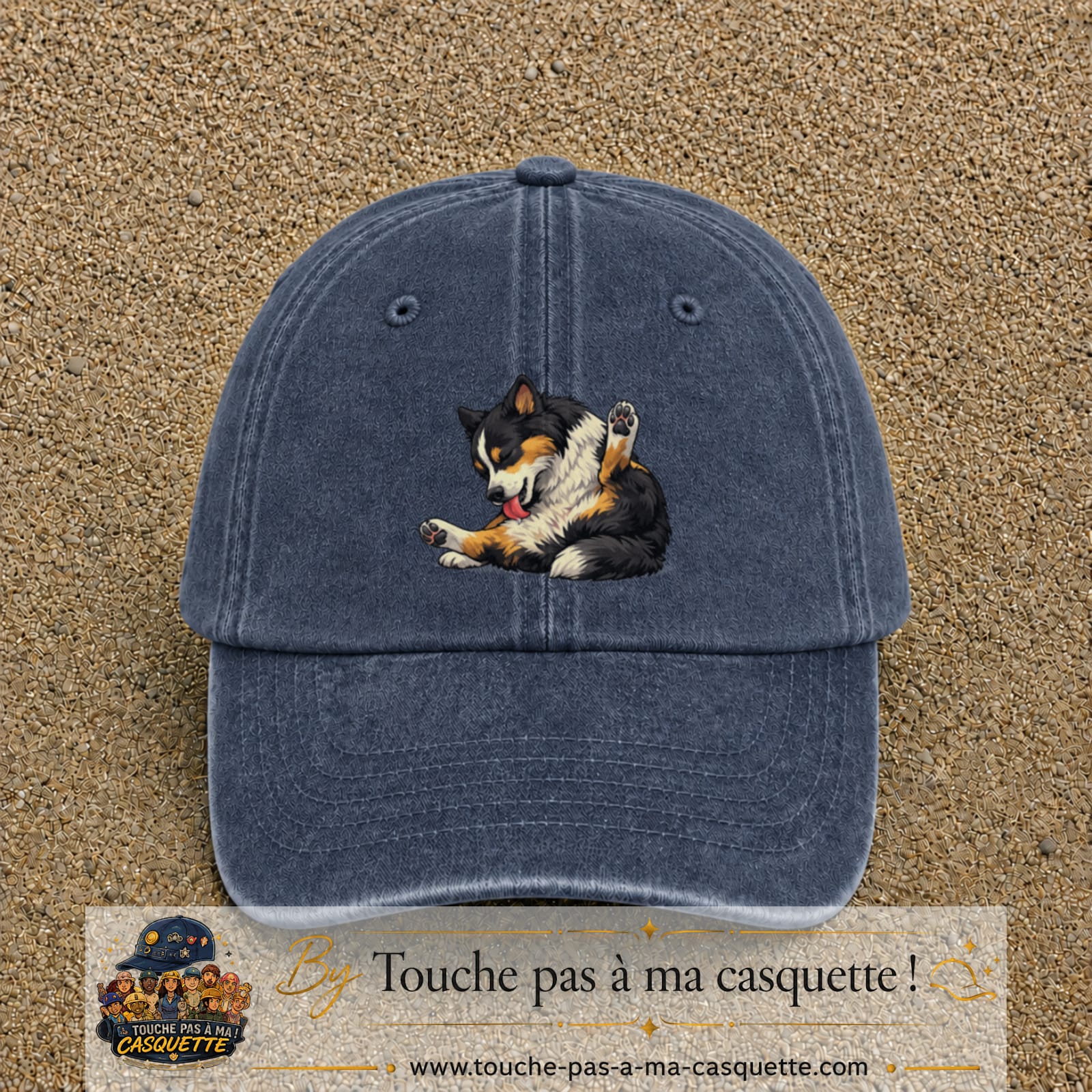 Casquette baseball Bleu marine délavé 100% coton avec motif Chien joueur 7 cm - image principale