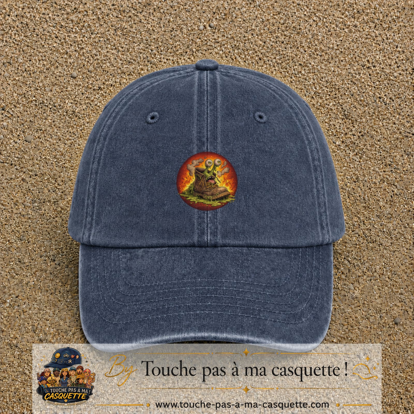 Casquette baseball Bleu marine délavé 100% coton avec visuel Chaussure monstre 5 cm - image produit principale