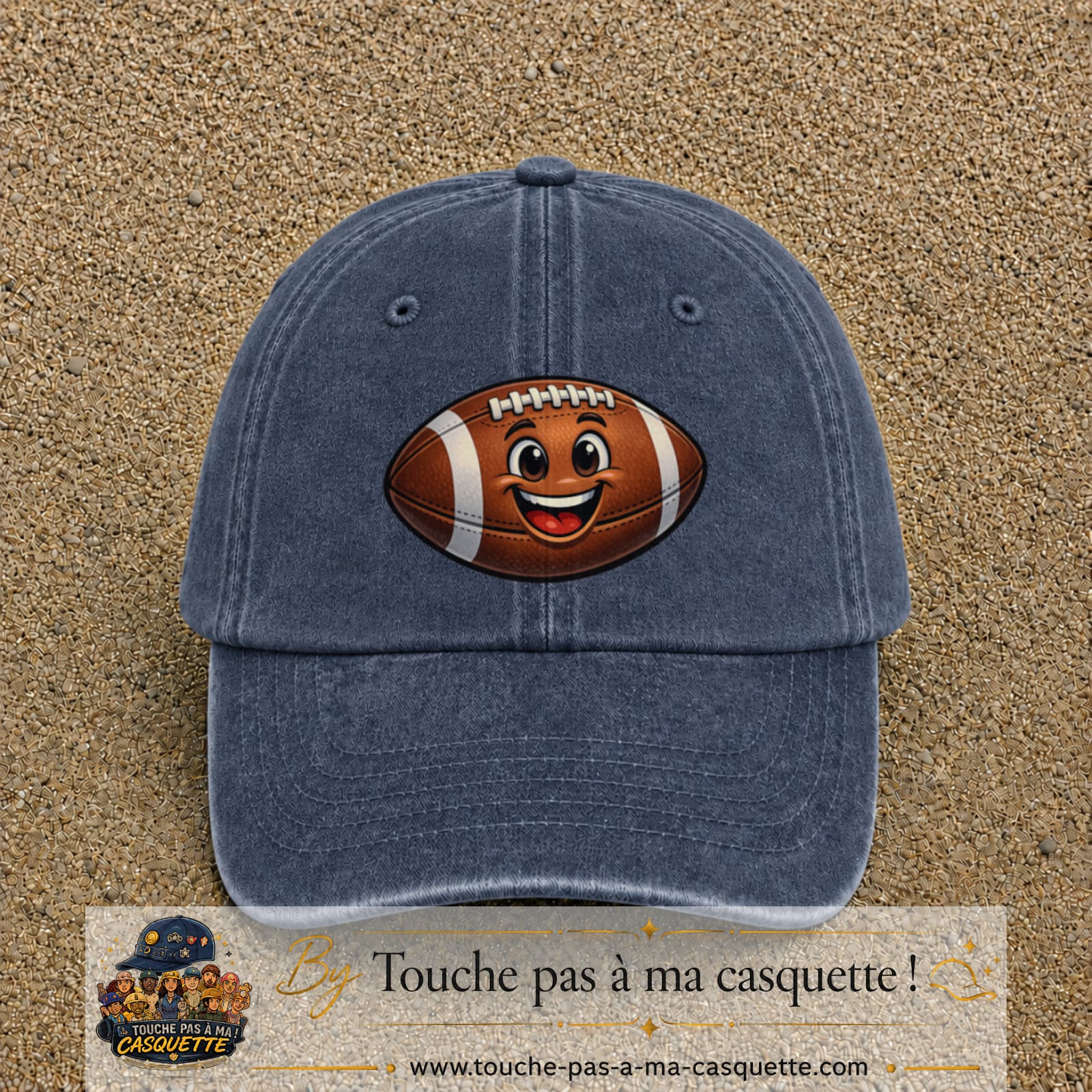 Casquette Bleu marine délavé 100% coton avec motif Ballon de rugby sourire 7 cm - image principale