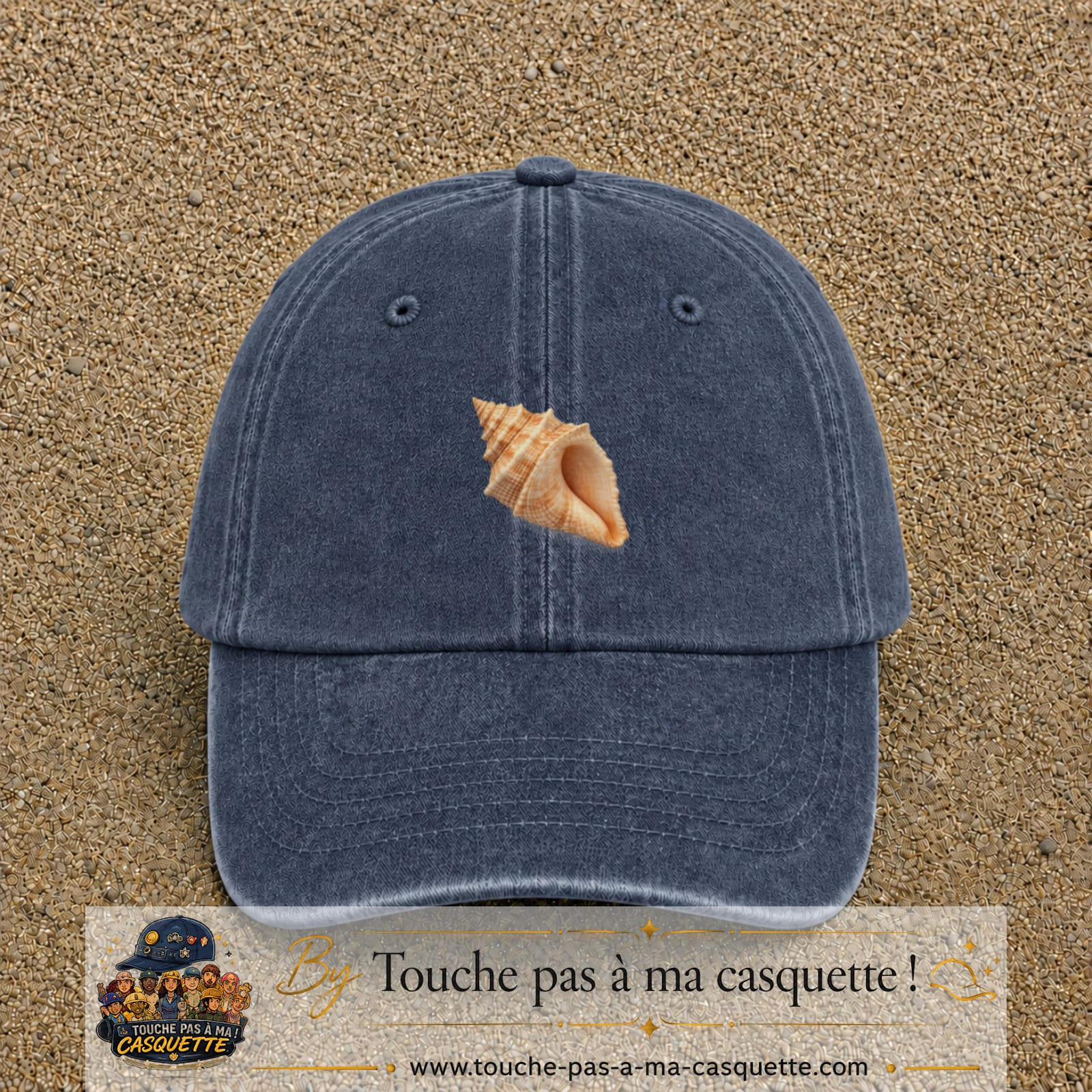 Casquette baseball Bleu marine délavé 100% coton avec visuel Coquillage marin 5 cm - image produit principale