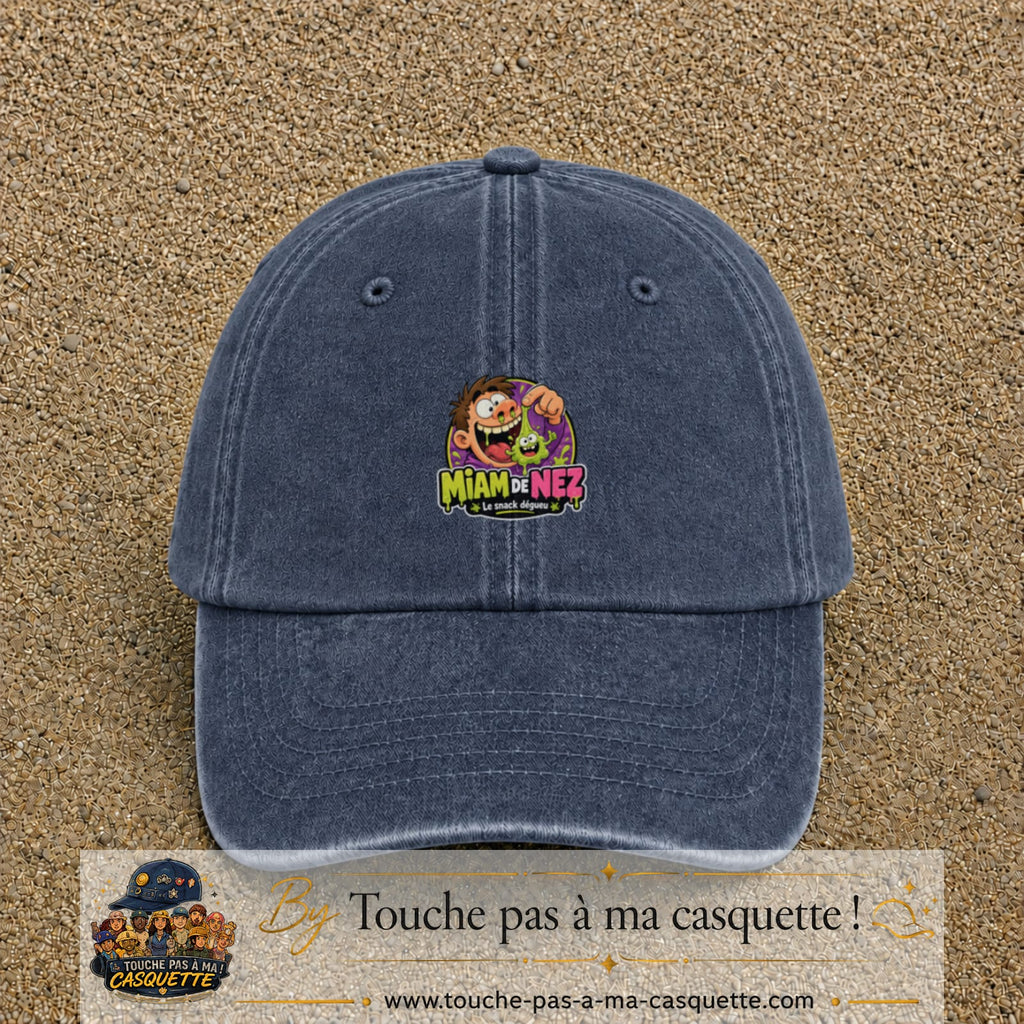 Casquette baseball Bleu marine délavé 100% coton avec visuel Miam de nez 5 cm - image produit principale