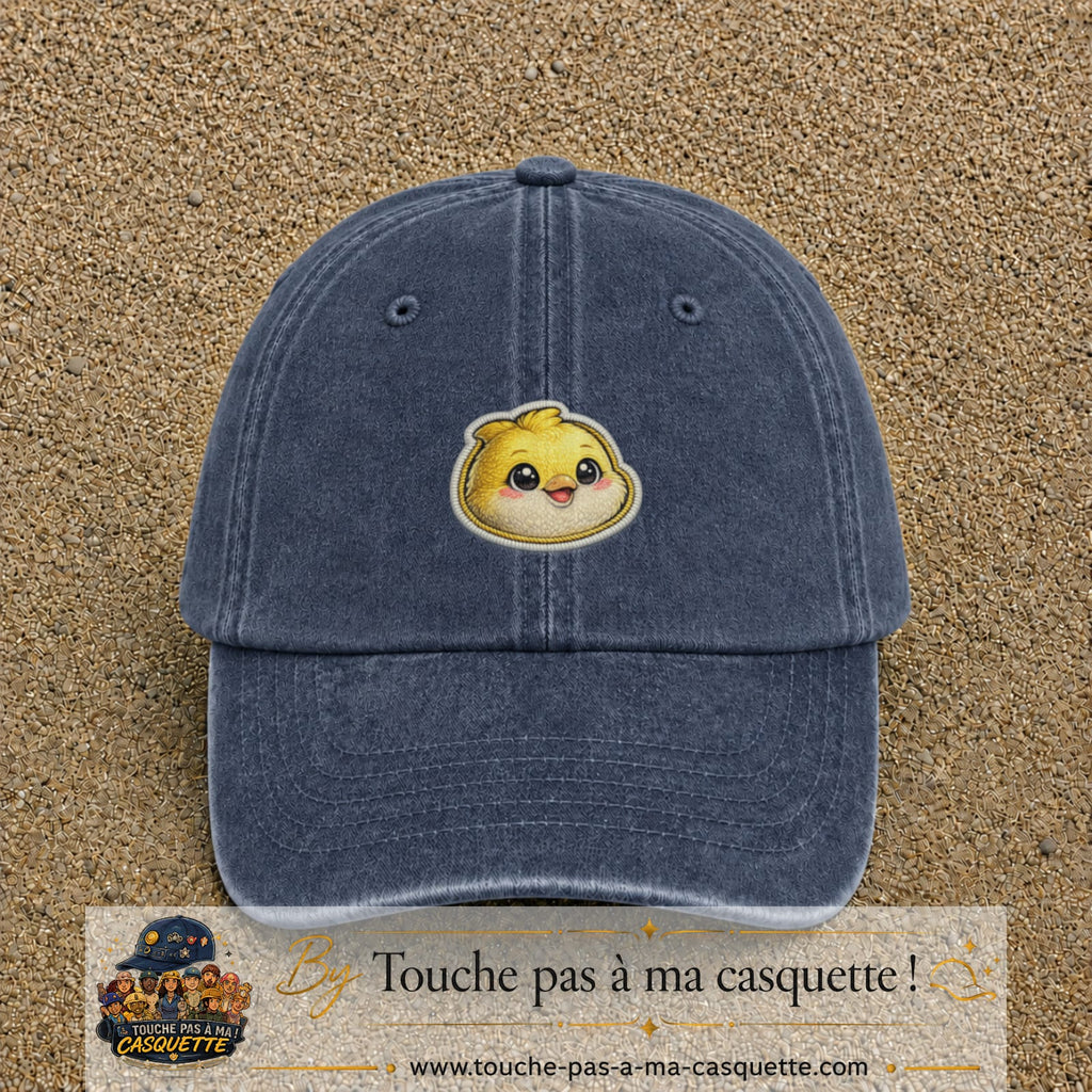 Casquette Bleu marine délavé motif Poussin joyeux 5 cm - vue principale