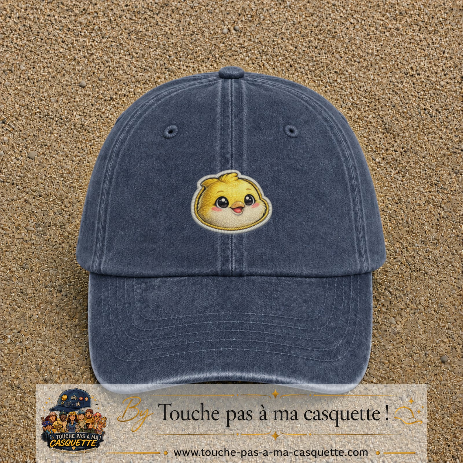 Casquette Bleu marine délavé motif Poussin joyeux 5 cm - vue principale