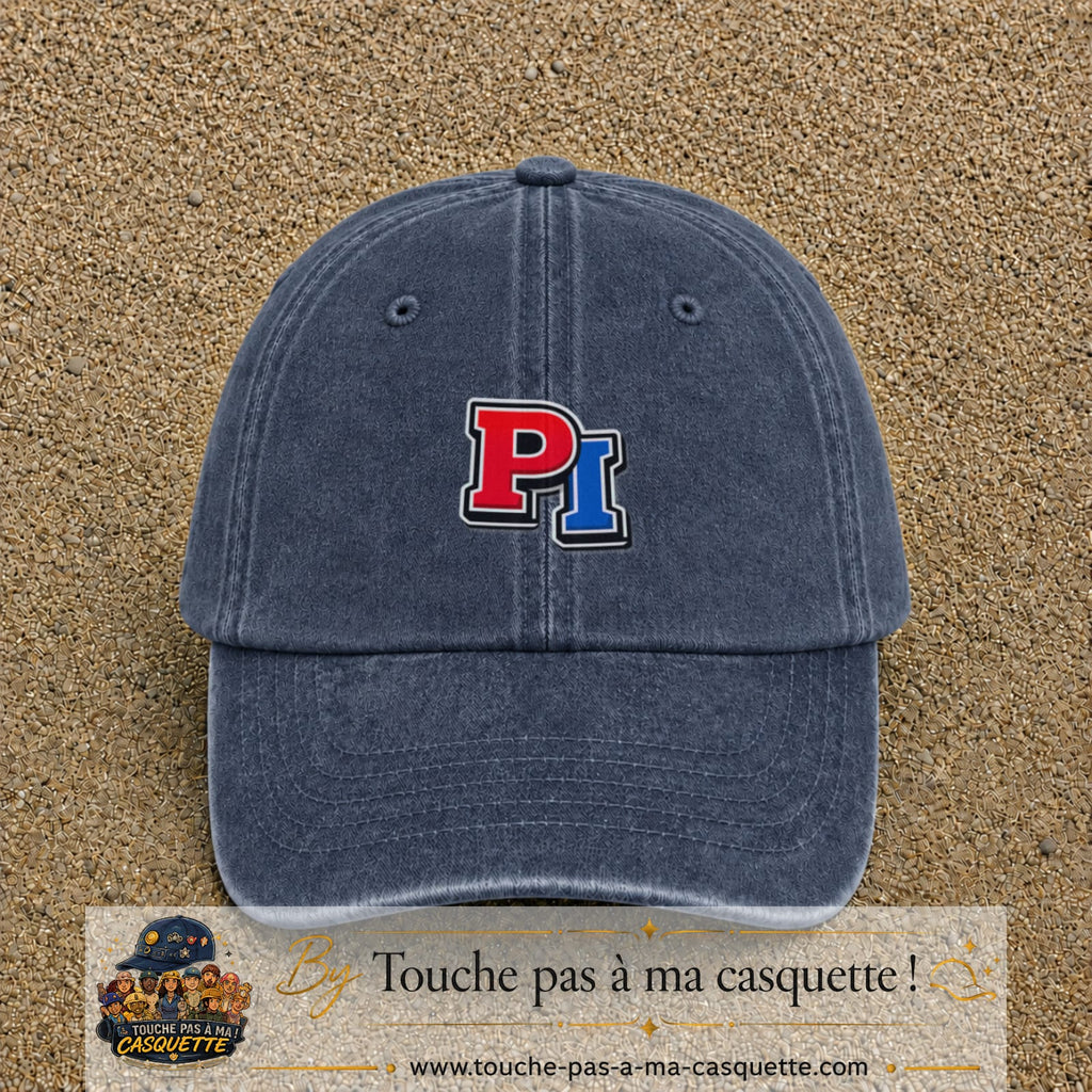 Casquette Bleu marine délavé 100% coton avec motif Initiales PI rouge et bleu 5 cm - image principale