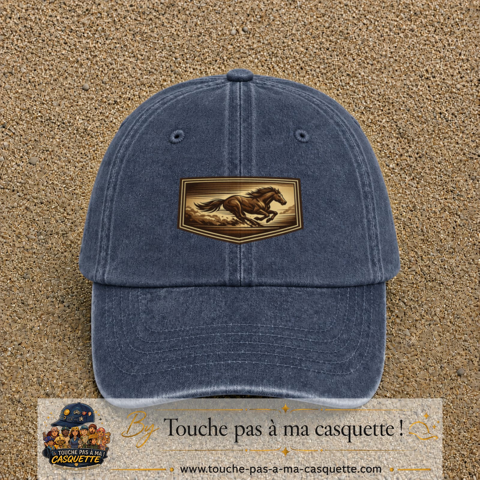 Casquette baseball Bleu marine délavé 100% coton avec visuel Cheval en course 5 cm - image produit principale