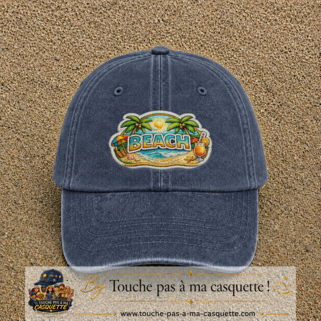 Casquette Bleu marine délavé motif Plage tropicale Beach 7 cm - vue principale