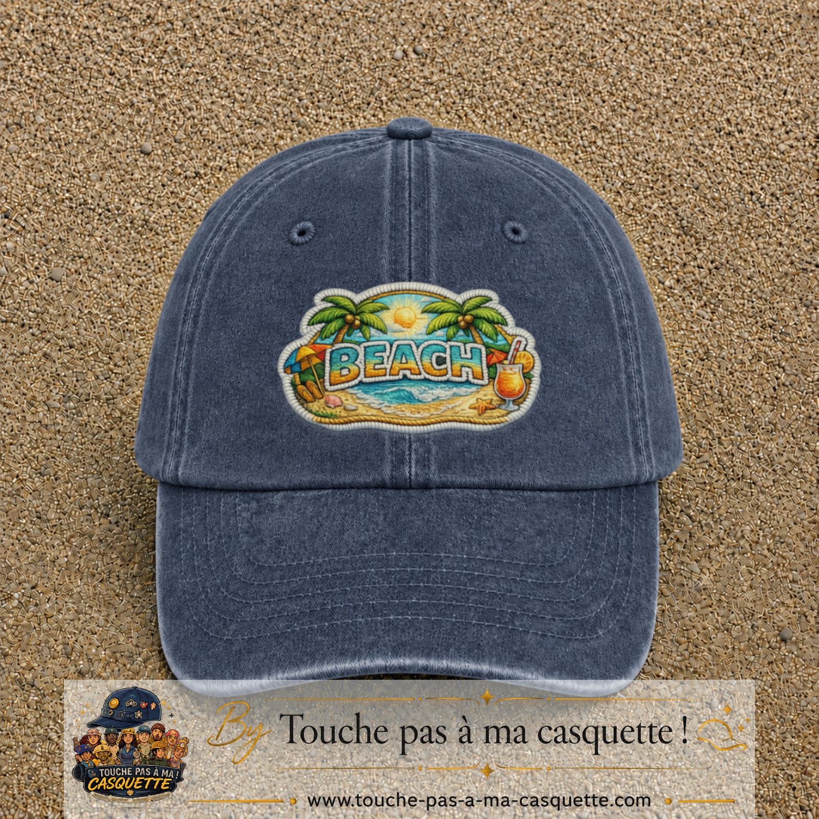 Casquette Bleu marine délavé motif Plage tropicale Beach 7 cm - vue principale
