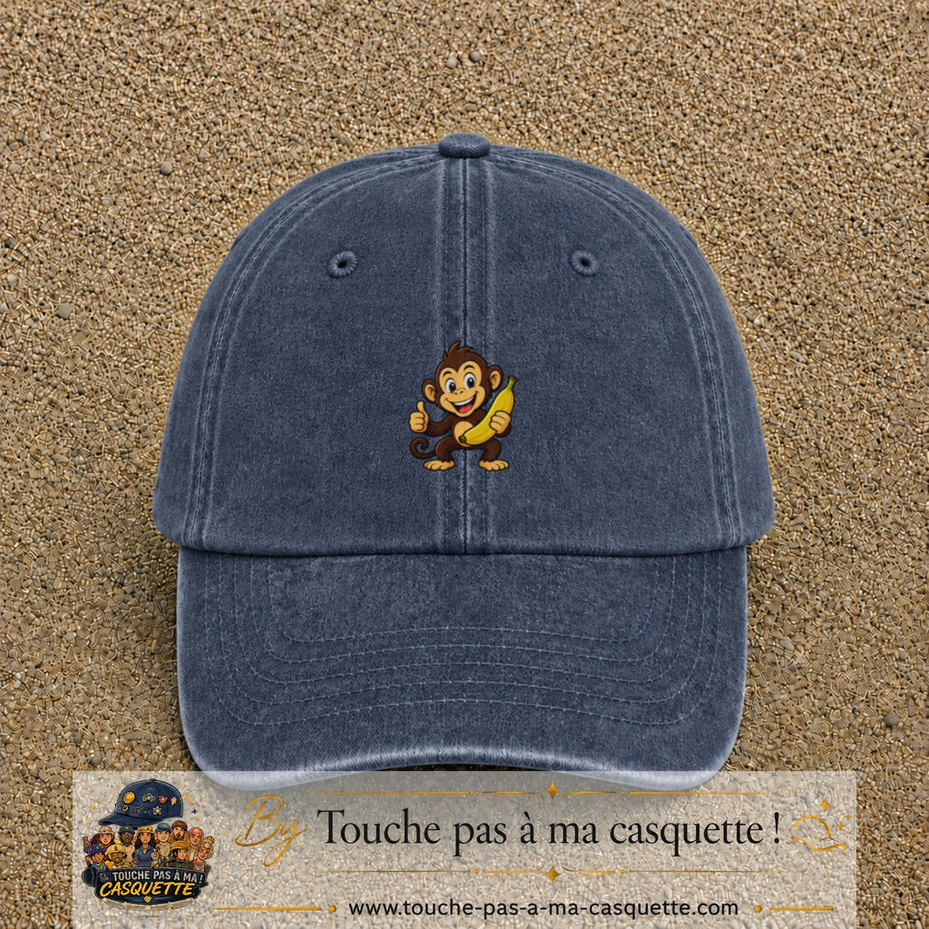 Casquette baseball Bleu marine délavé 100% coton avec motif Singe à la banane 3 cm - image principale
