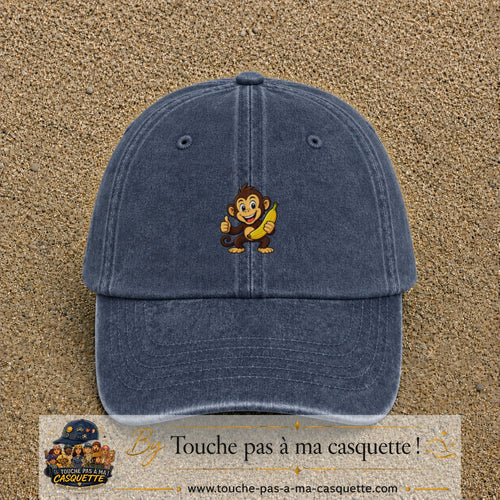 Casquette baseball Bleu marine délavé 100% coton avec motif Singe à la banane 3 cm - image principale