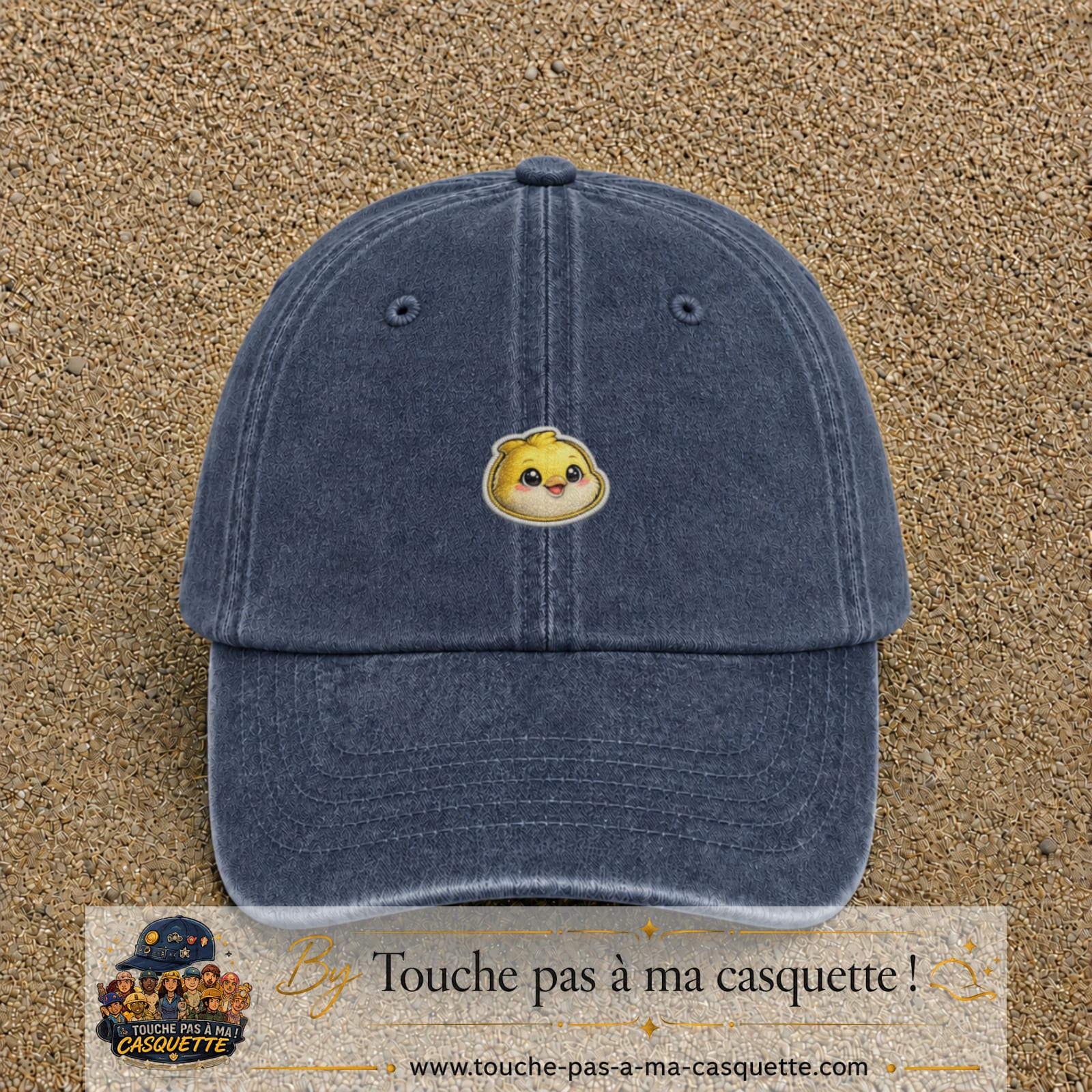 Casquette Bleu marine délavé motif Poussin joyeux 3 cm - vue principale
