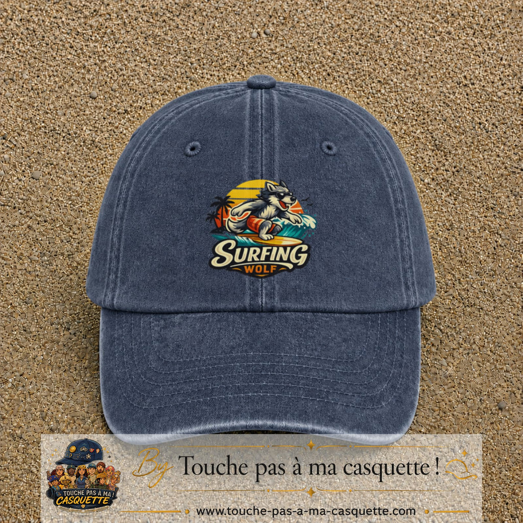 Casquette Bleu marine délavé 100% coton avec motif Surfing Wolf 7 cm - image principale